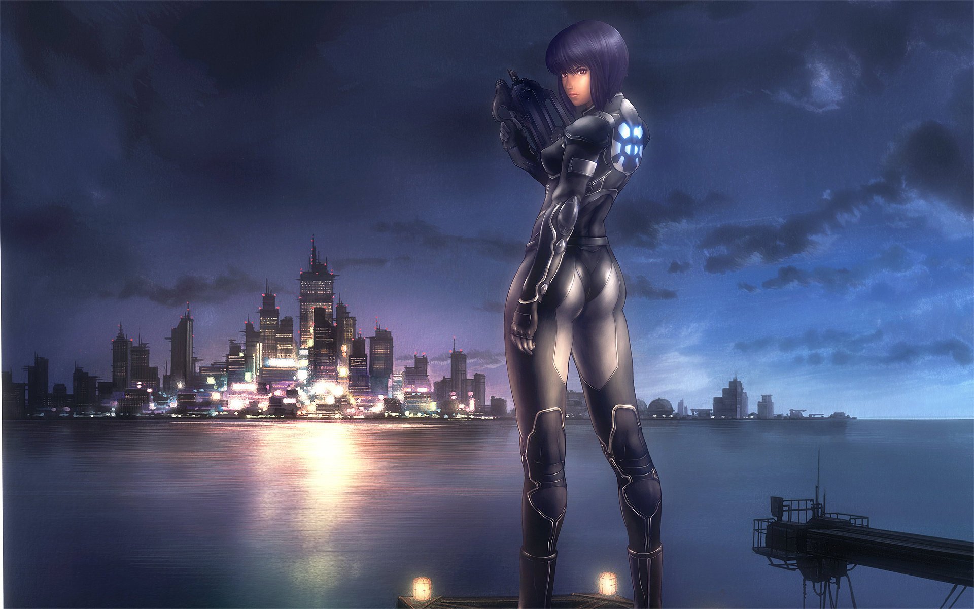 ghost in the shell gits ghost in armor motoko cyborg department 9 city night lights surface water drawings anime girls megacities-a water-a cities-a girls-a night sky-a city lights-a skyscrapers-a figure-a erotica-a waist-a