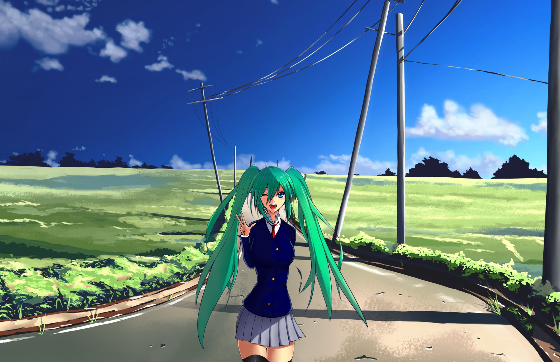 largo hatsune miku carretera verde vocaloid pelo césped pilares alambres nubes chica anime colegiala naturaleza cielo