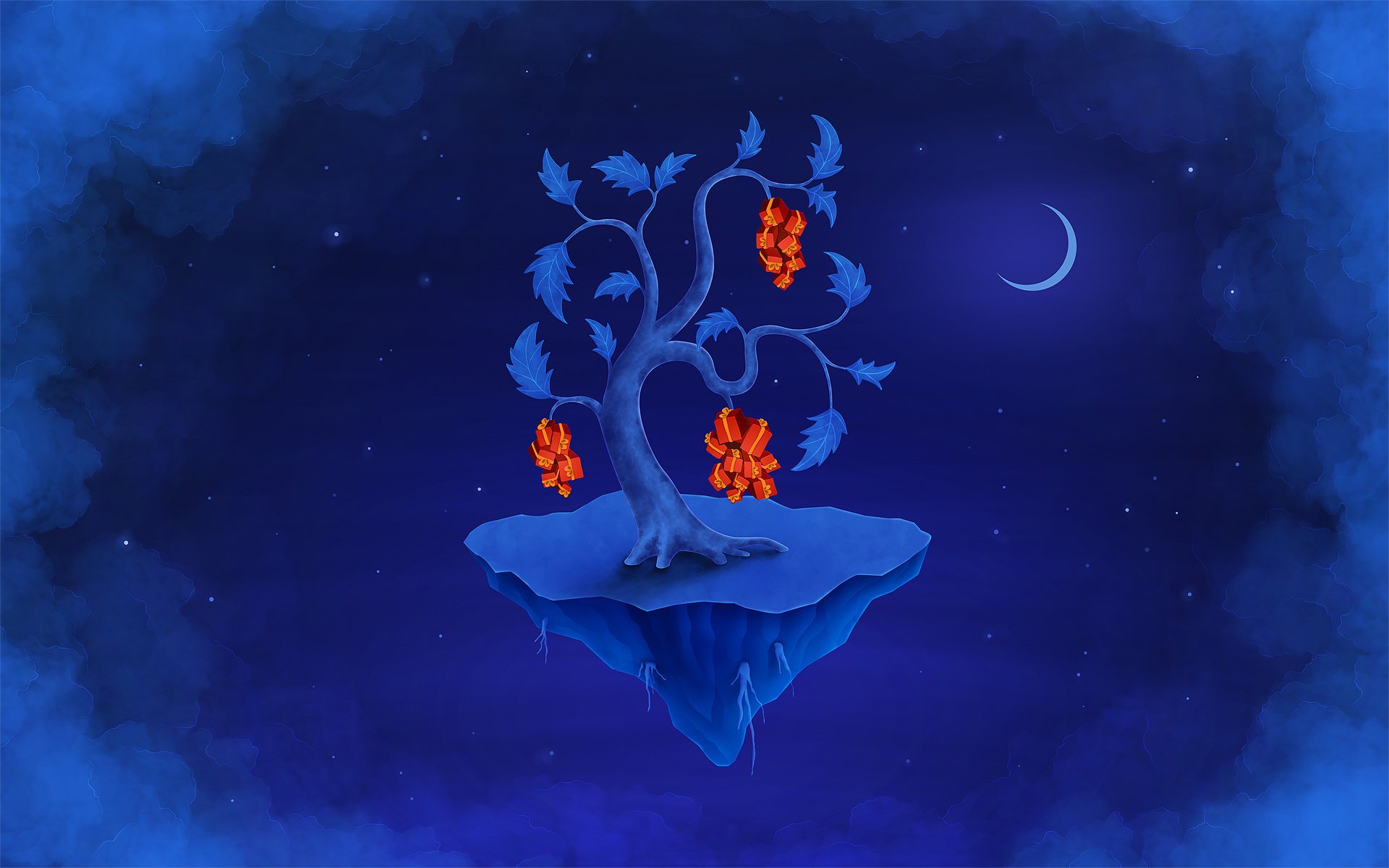 blue gifts tree night sky moon stars island earth blue drawings anime