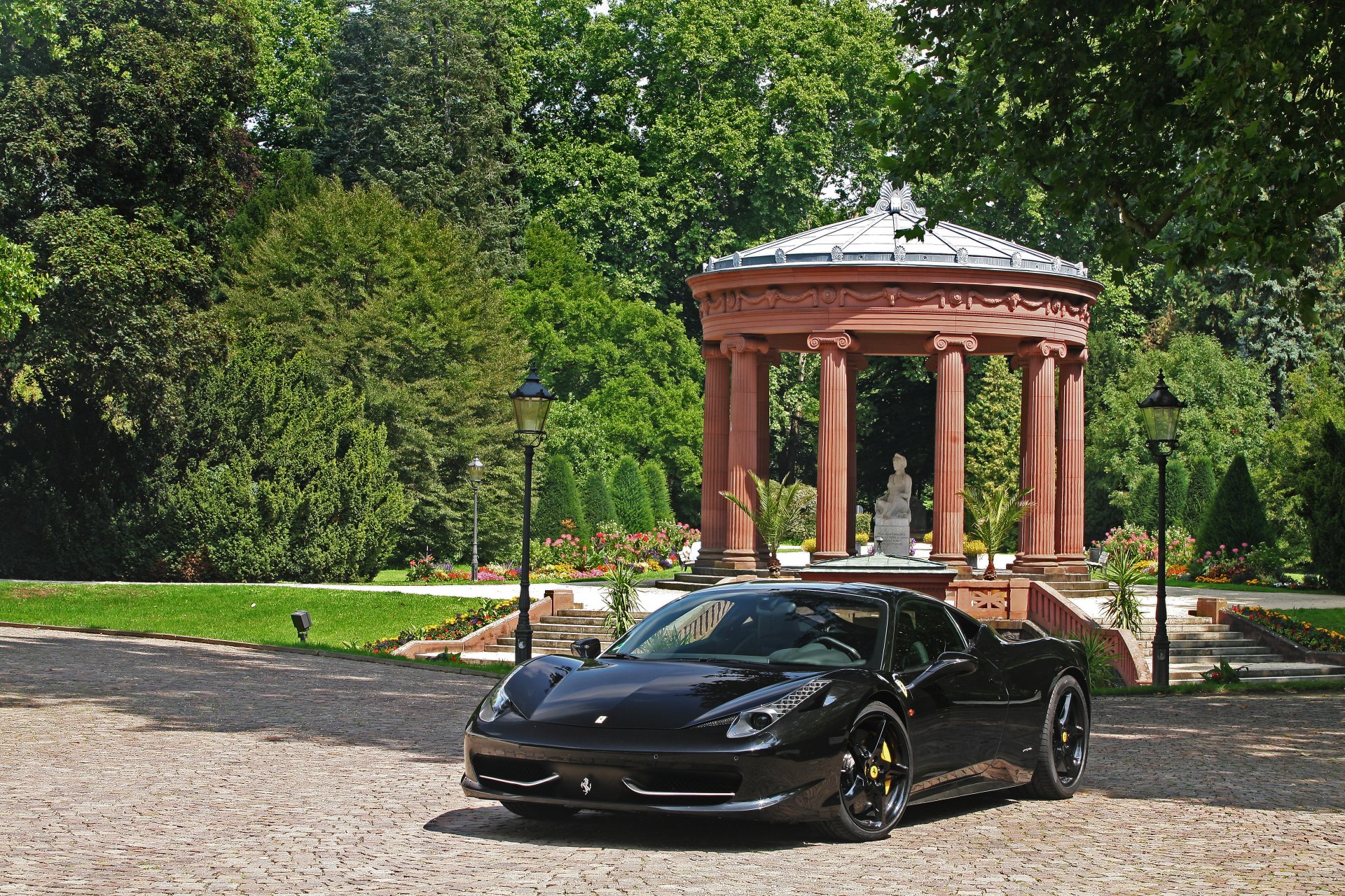 ferrari 458 italia black ferrari italy front view statue lanterns tree