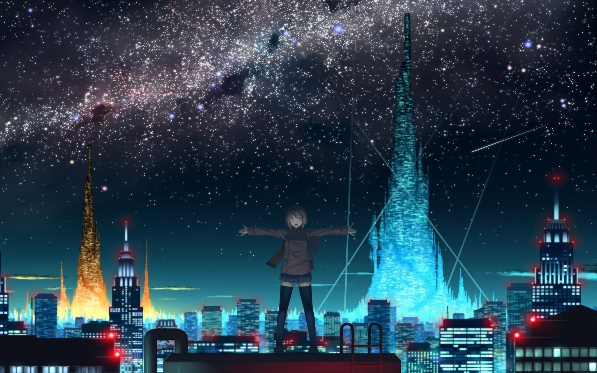 anime lights city girl sky roof night drawings city-a night sky-a city lights-a girls-a cities-a