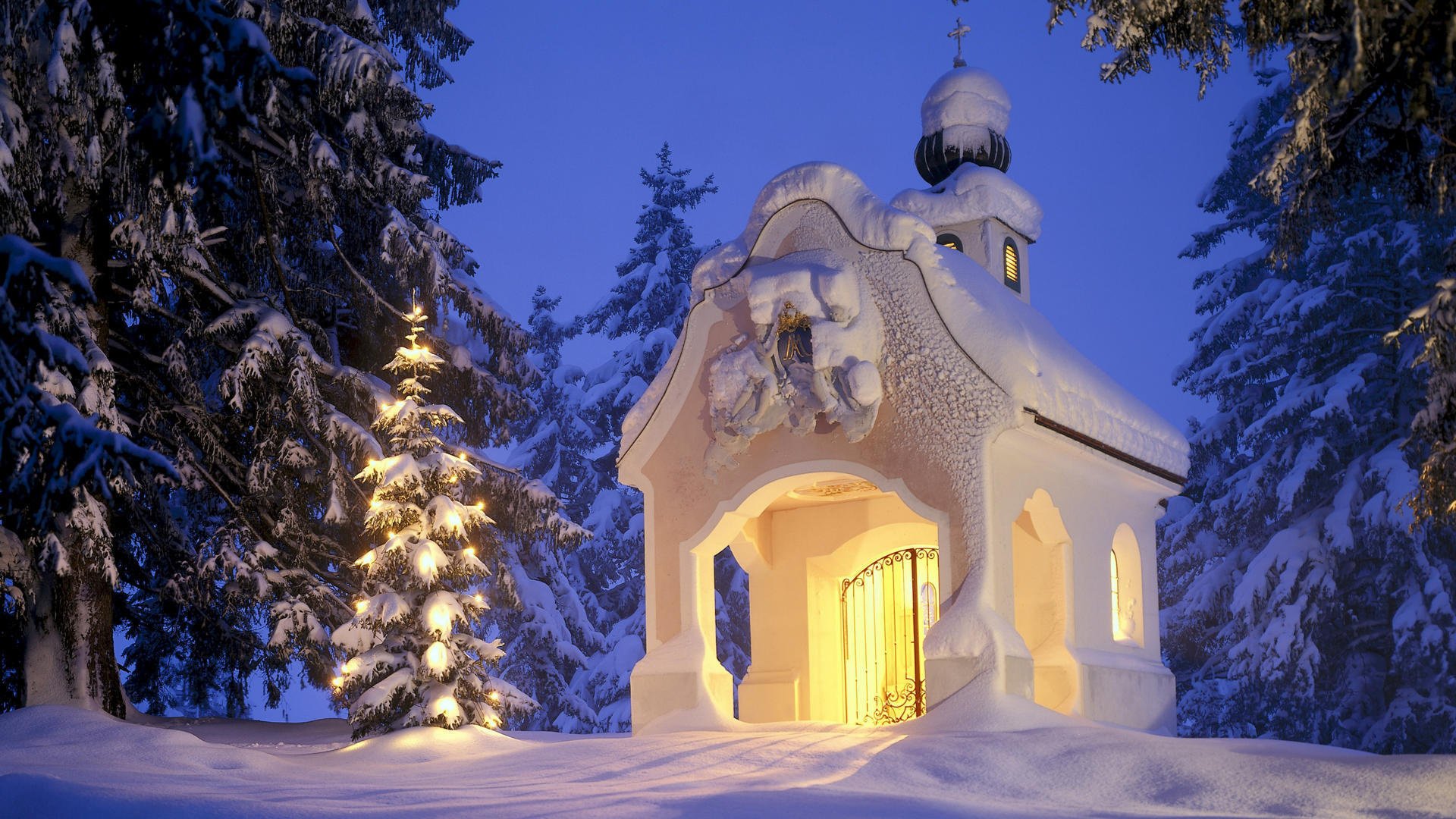 winter tree snow christmas chapel forest new year