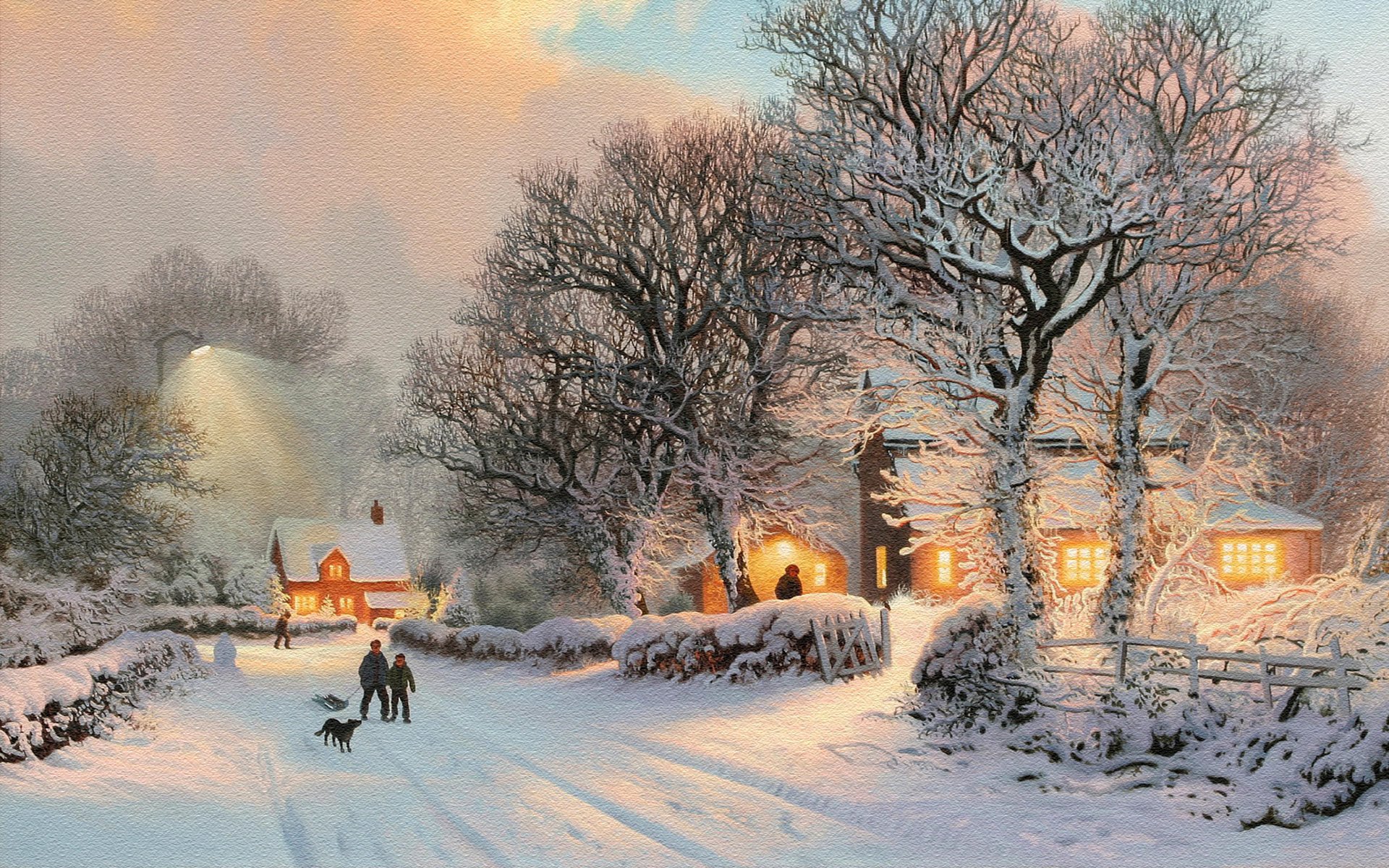 now winter village walk children sled dog snow covered trees fence the evening the light in the windows home lantern clouds the snow track trees road