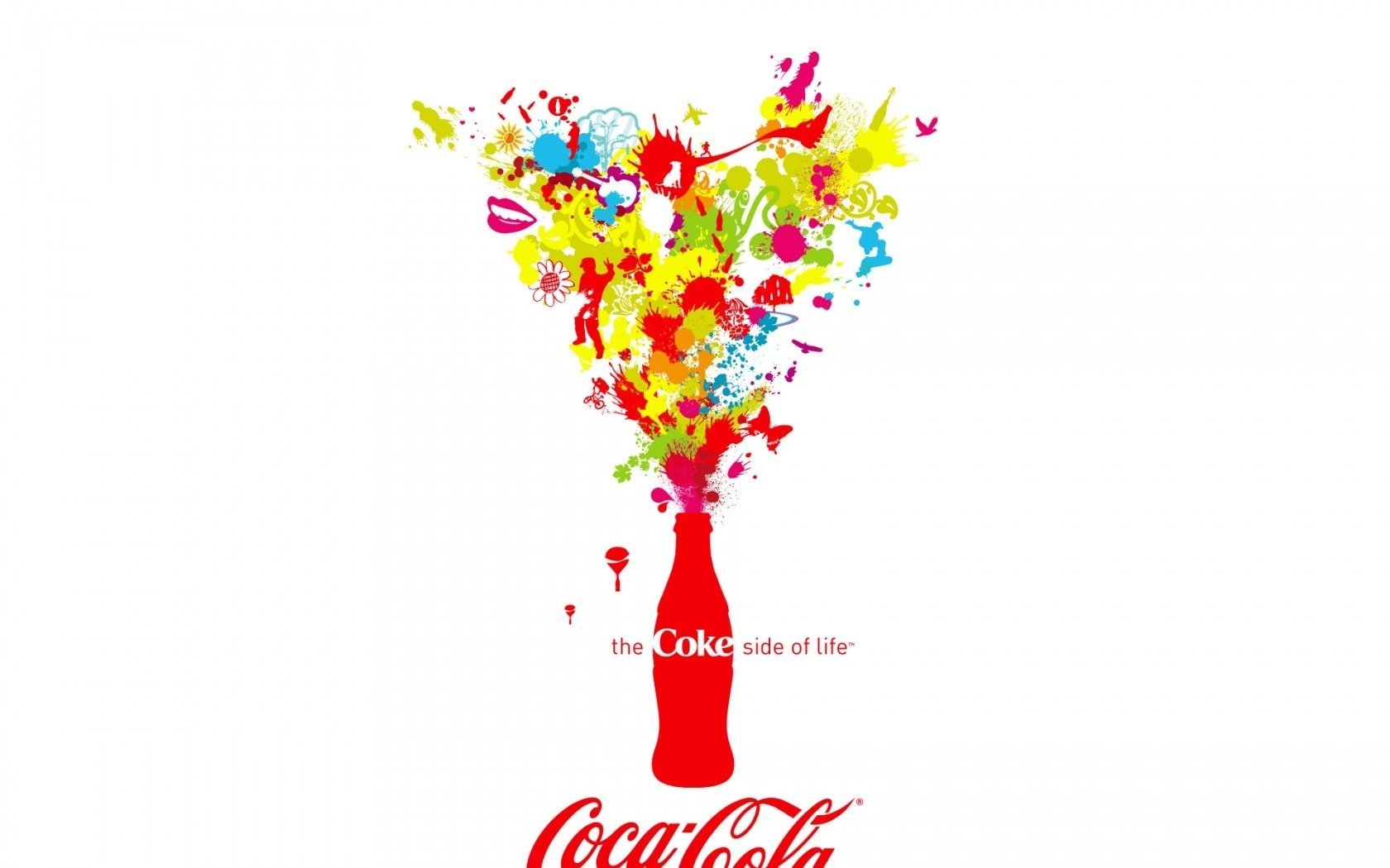 el lado de la coca de la vida pájaro hombre coca cola fondo blanco colores sonrisa mariposa guitarra perro globo snowboarder creativo