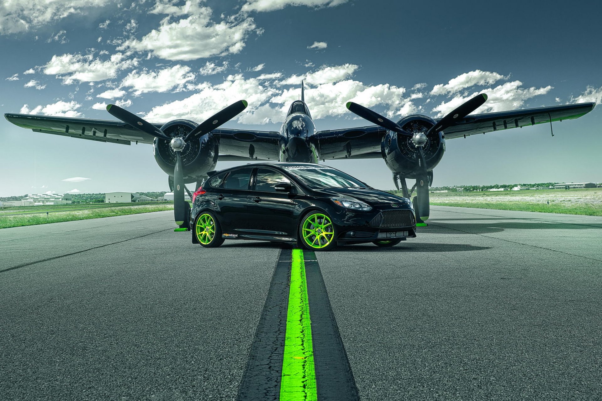 ford focus st green wheels plane car runway wheel vehicle