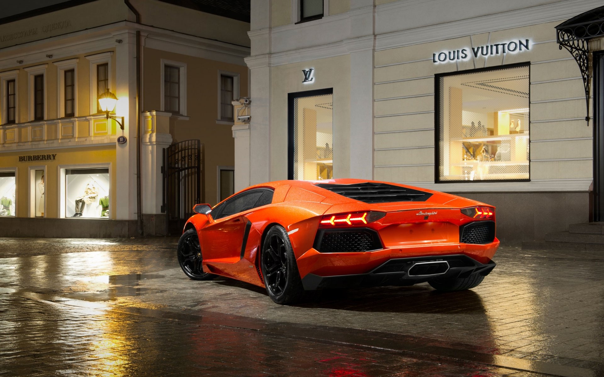 lamborghini aventador lamborghini lp700-4 orange supersportwagen auto pfützen nacht