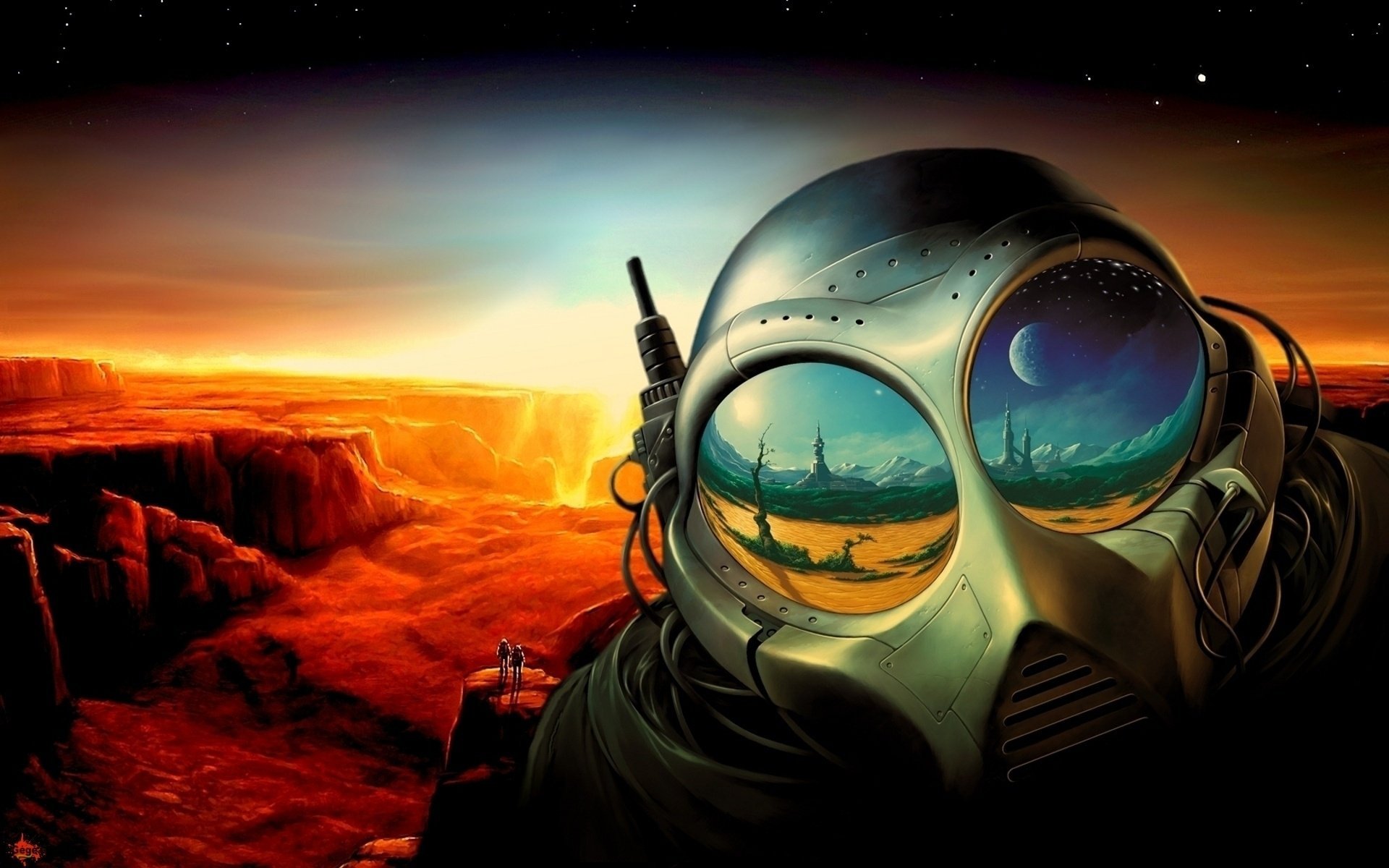 the planet surface astronaut helmet the suit reflection planet red yellow mountains canyon fiction