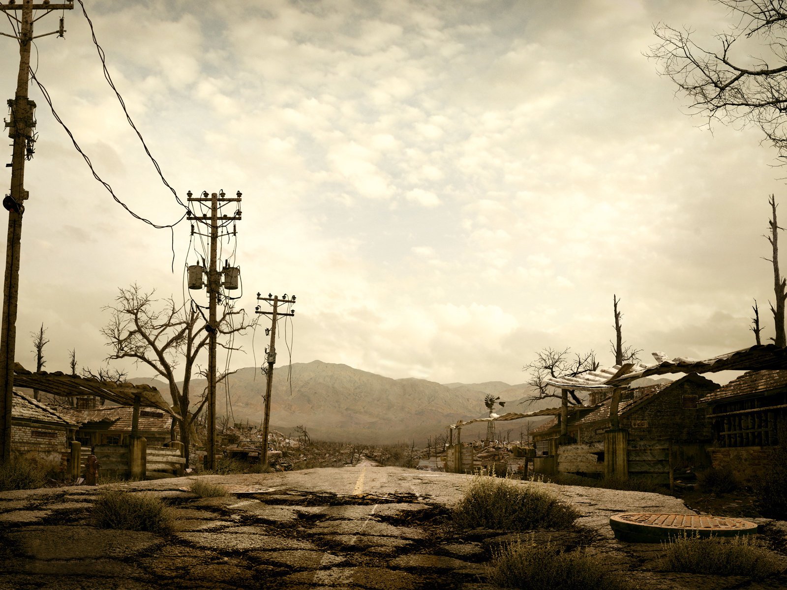 camino hierba ruinas post-apocalipsis montañas molino de viento casas pilares cables gris fallout 3