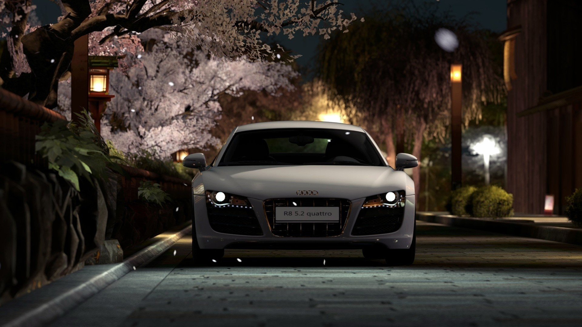 audi r8 white night cars machine quattro night city lamps light road street sportcar wallpaper vehicles city lights car