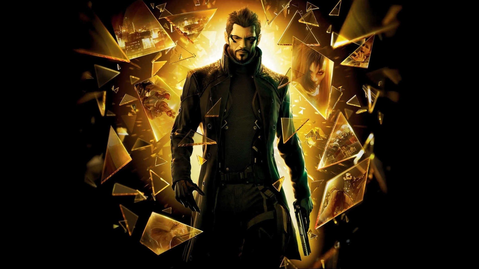 deus ex human revolution image on the glass pieces of glass guy fragments darkness beard weapons gun gloves men shooter