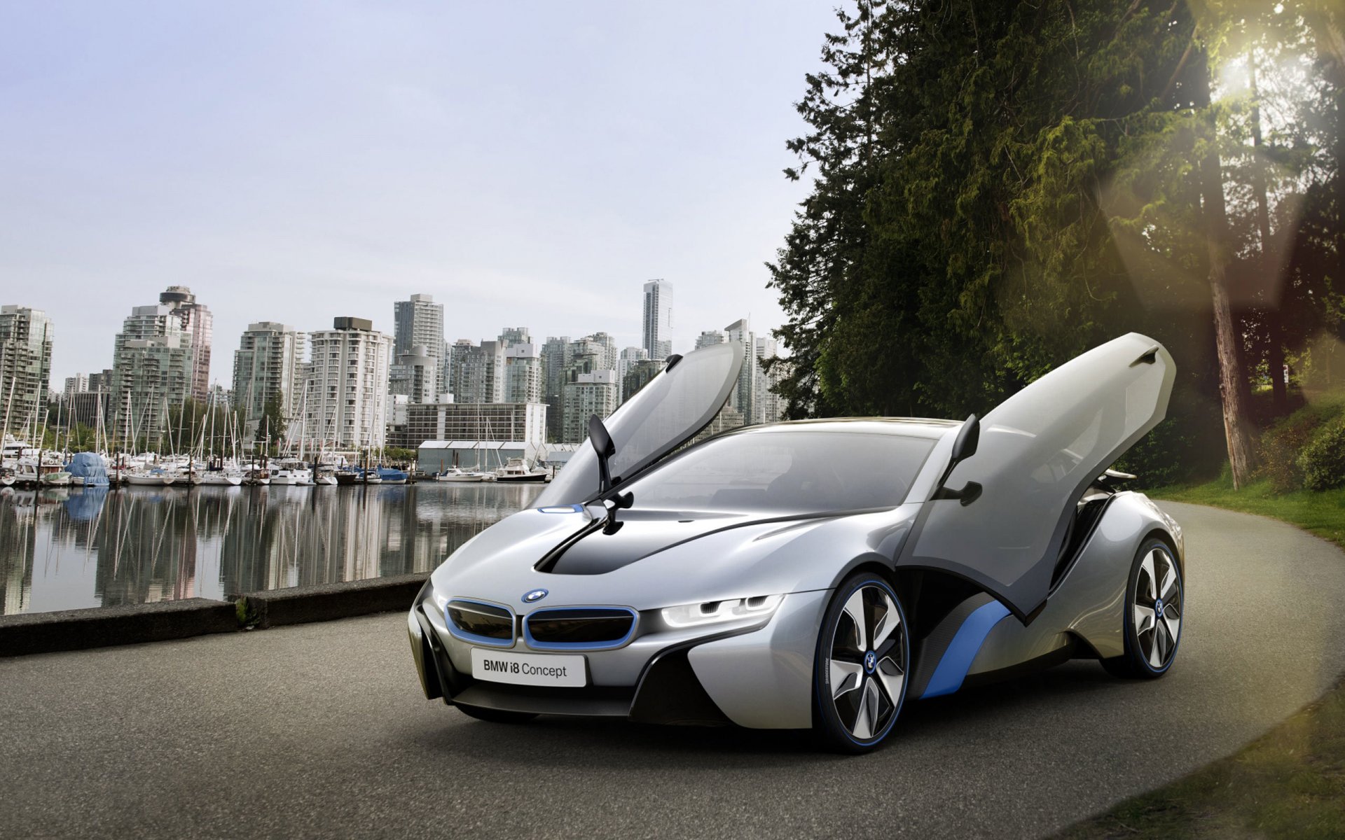 bmw i8 concept voiture route porte ville eau