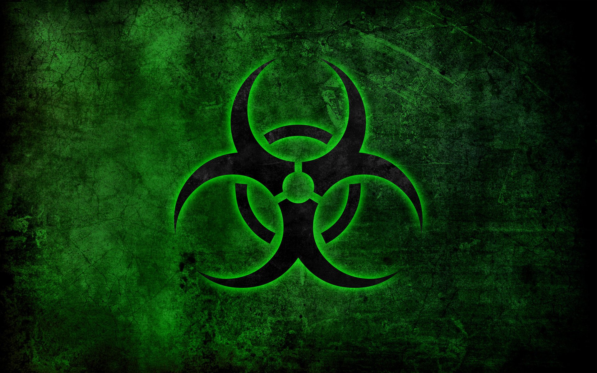 minimalism biohazard biological contamination sign emblem texture green easy logo black the dark background scratche