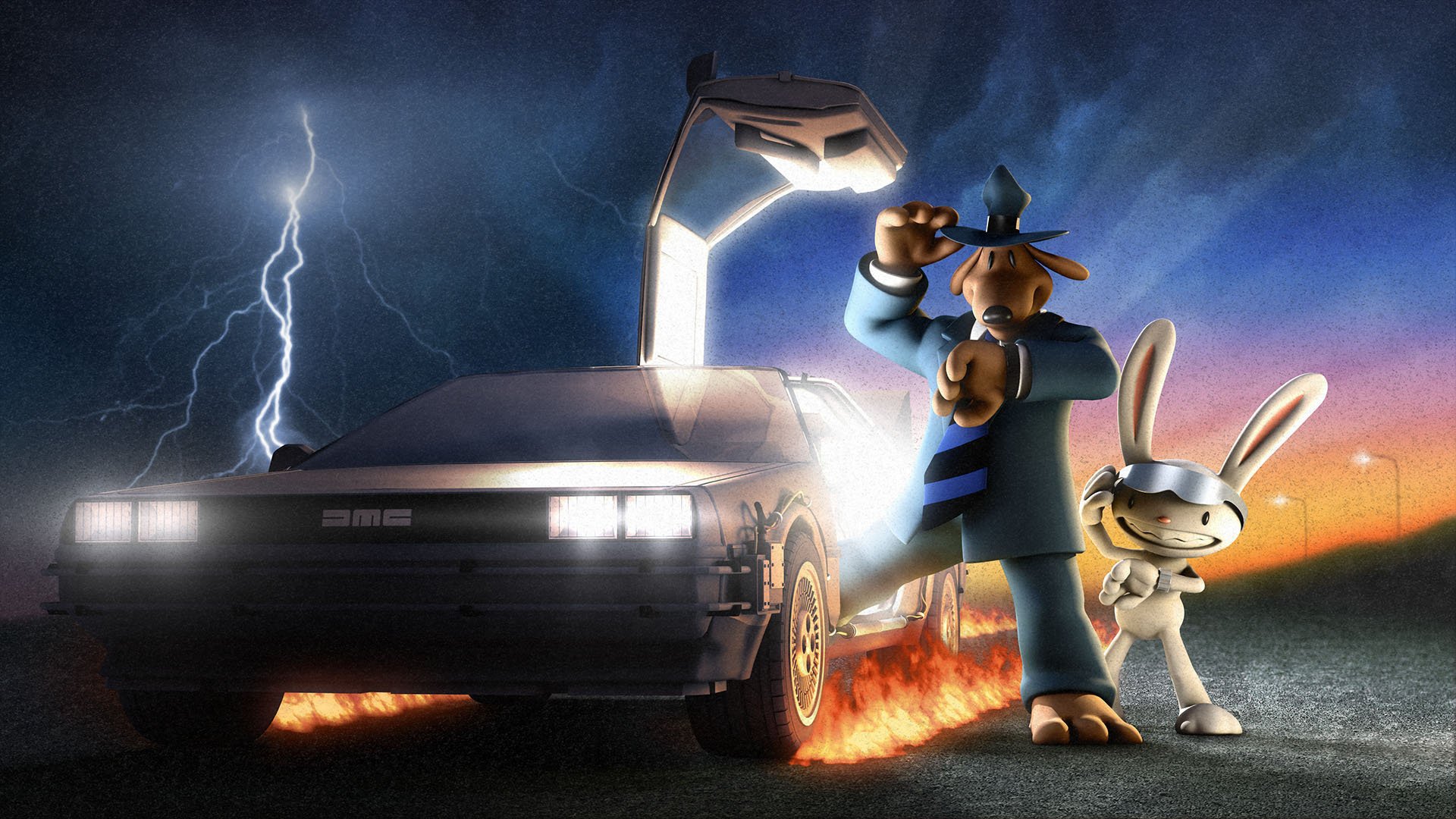 delorian delorean powrót do przyszłości sam i max sam max pies królik detektywi bohaterowie maszyna powrót do przyszłości gry telltale błyskawica wyładowanie ogień płomień przyjaciele