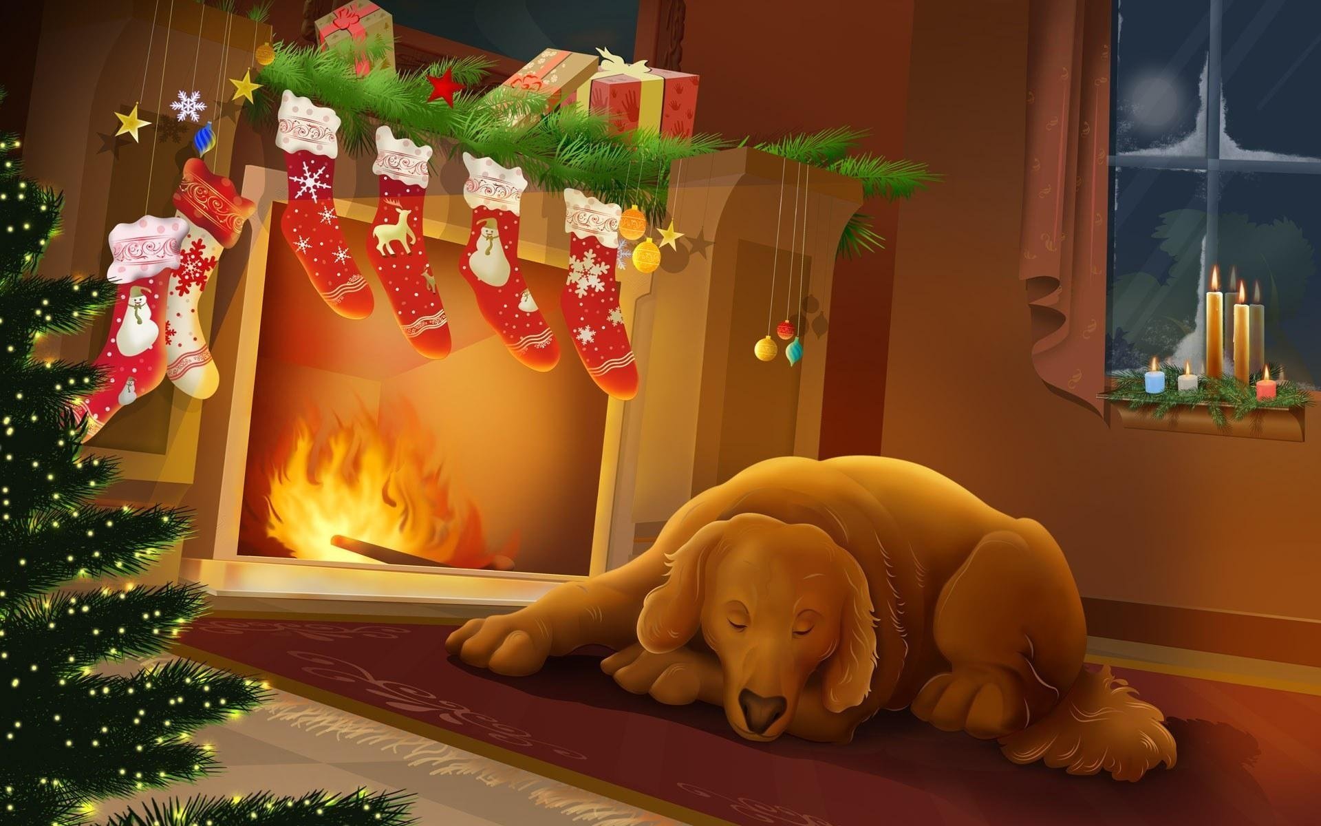 neujahr kamin nacht wärme weihnachten hund urlaub hund socken geschenke fensterbank weihnachtsbaum feuer zimmer interieur gemütlichkeit lichter dekorationen kerzen teppich schlaf haustier zeichnungen anime