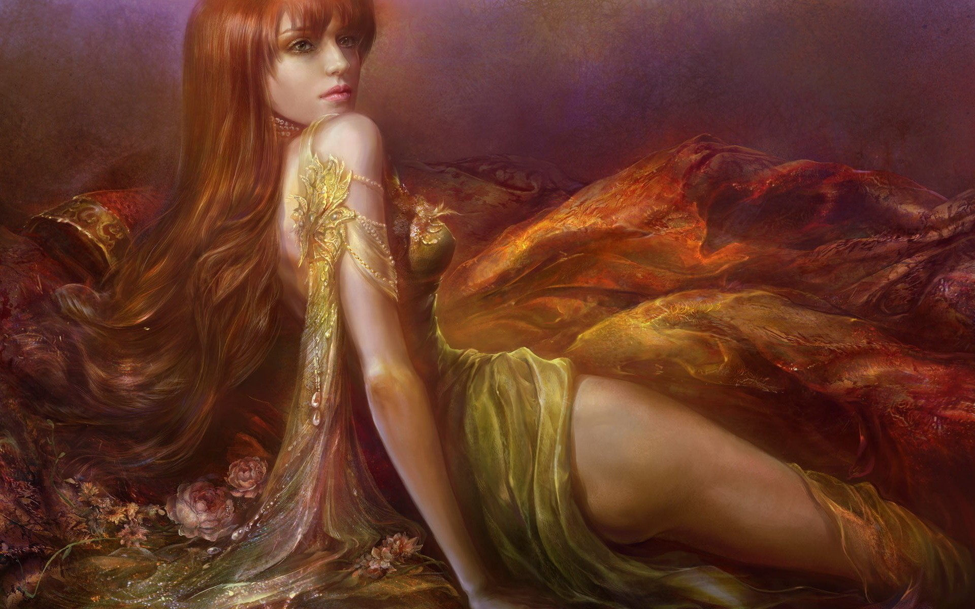 digital rousse sweet belle rousse fleur rouge cheveux dessin fille beauté fille robe roses cheveux longs regard yeux