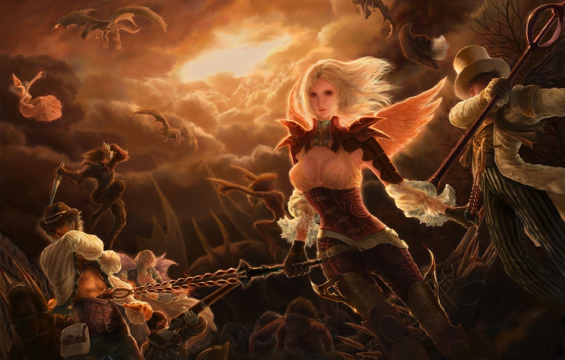 битва драконы меч девушка ангел монстры крылья рисунки аниме