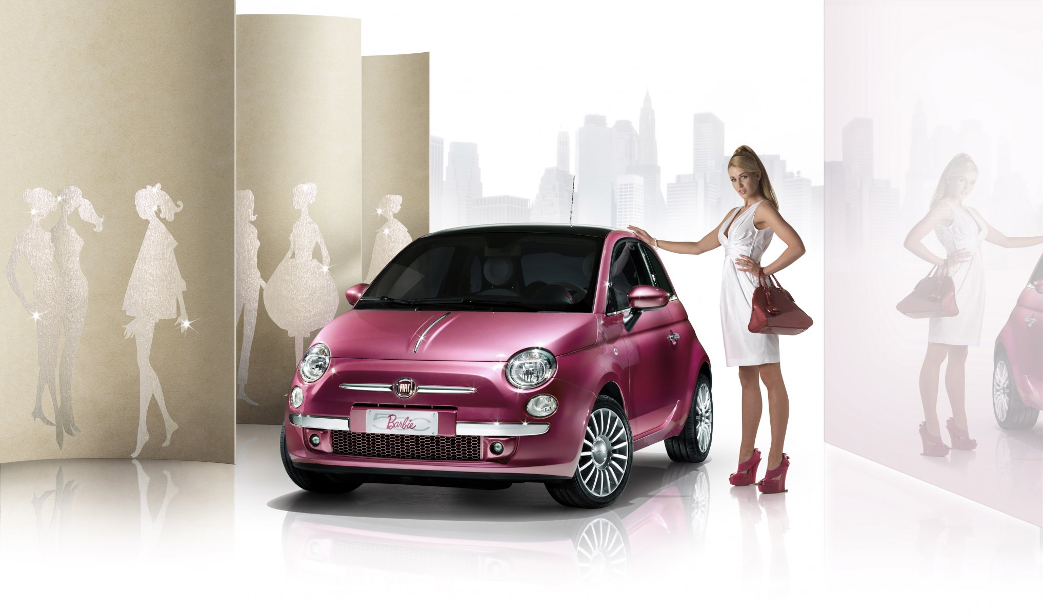 machinery girl white pink car fiat 500