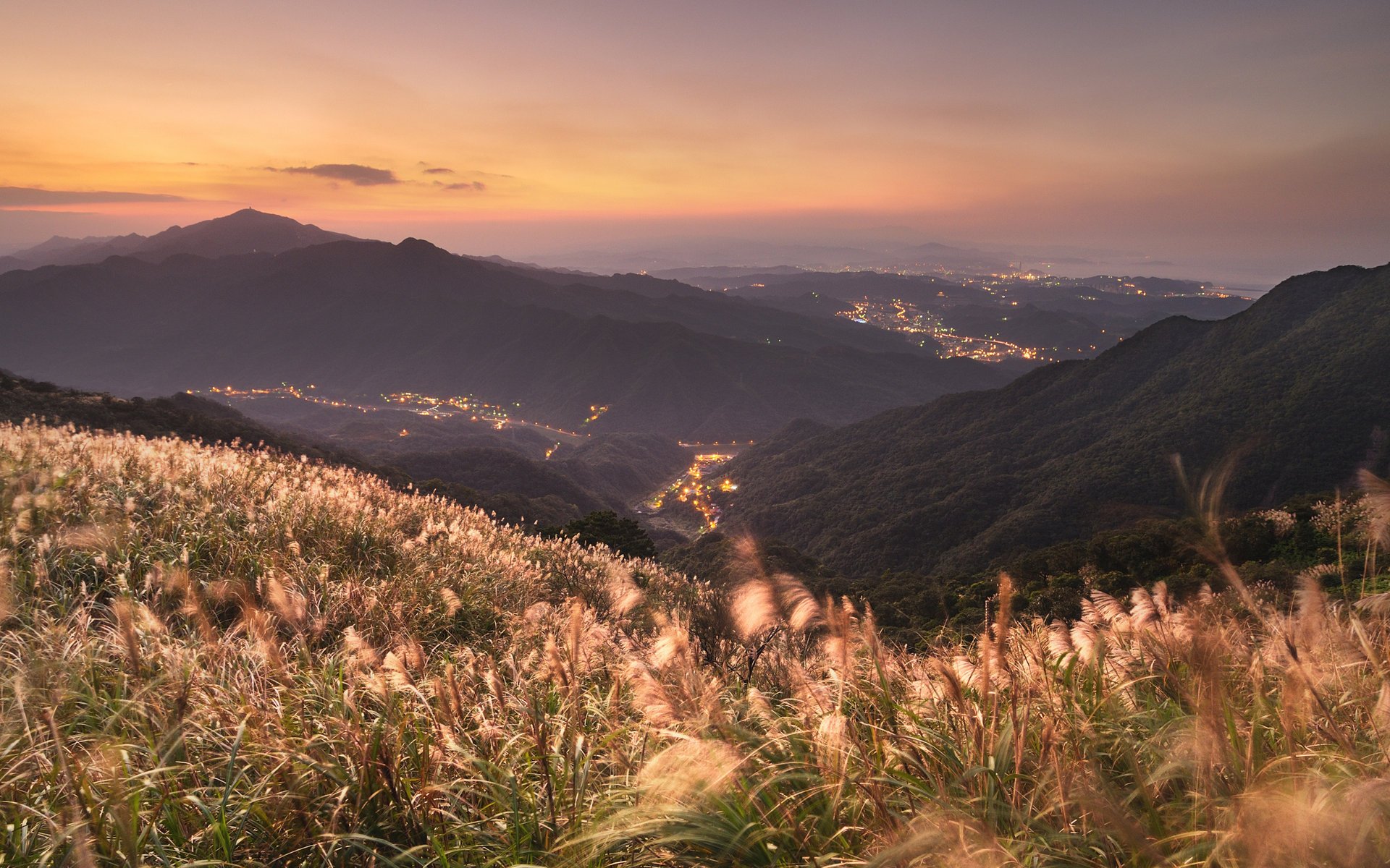 city landscapes panorama places grass china view mountains the evening lights the sky the night sky the lights of the city