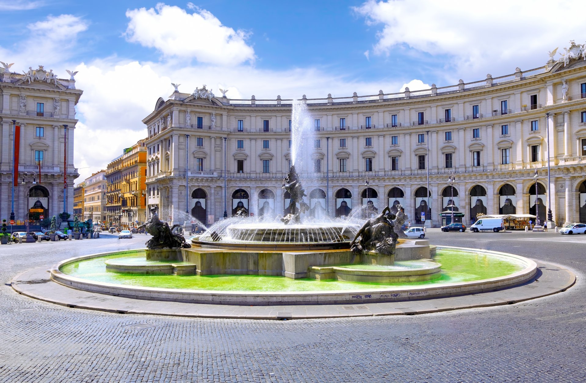 italy naiad fountain republic square rome italy rome buildings architecture clouds cars square center cities fountain