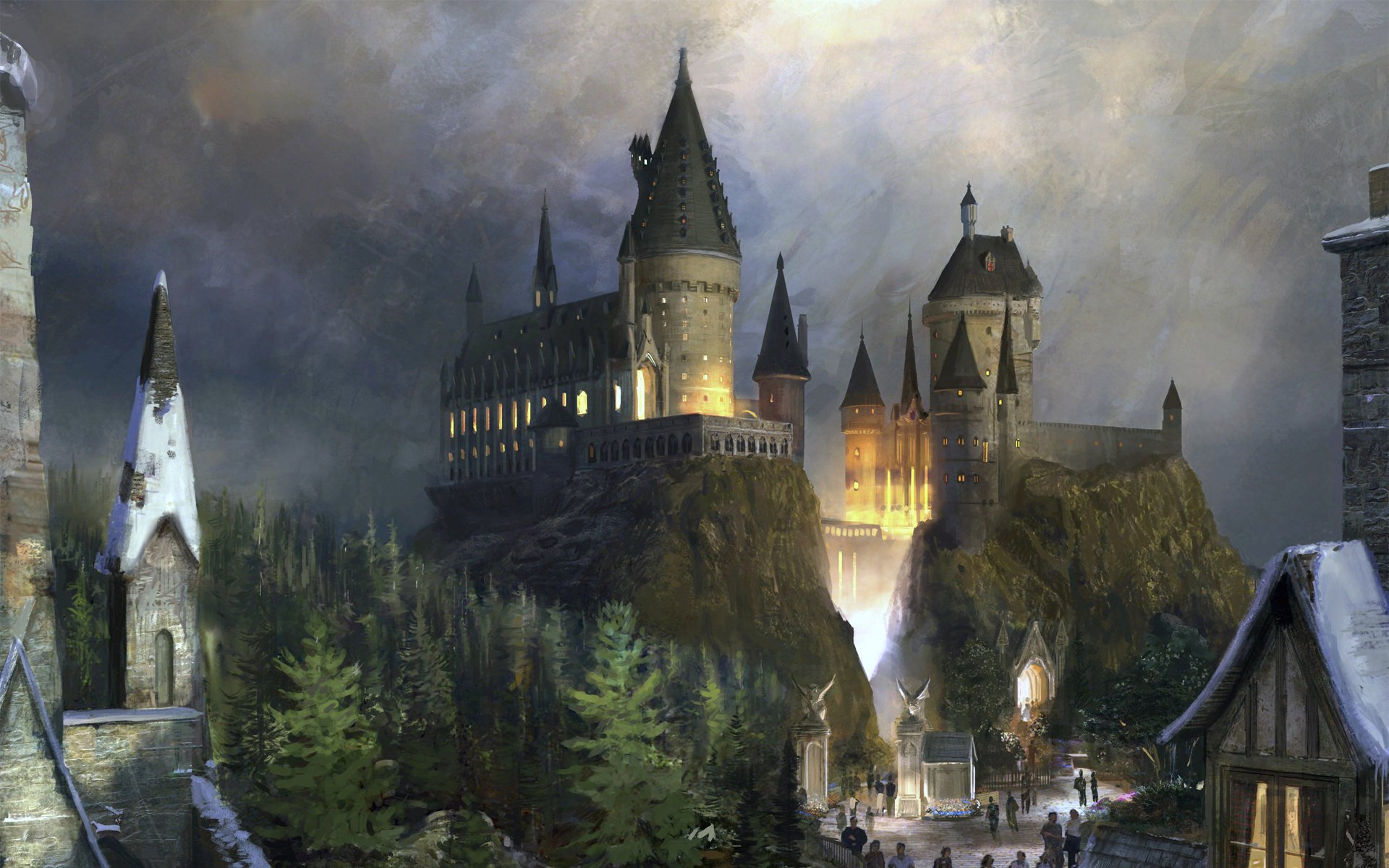 fantastyka hogwarts hogwart harry potter fantasy harry potter zamek las świerk zmierzch ludzie góry skała wieczór