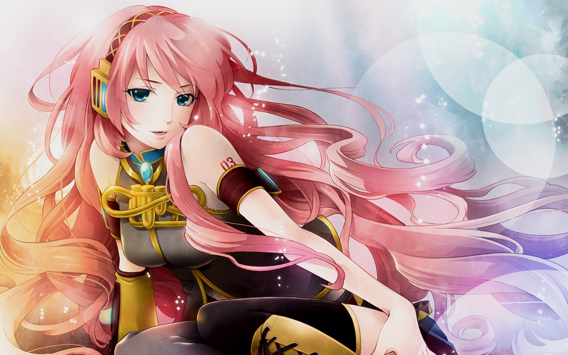 iskry słuchawki megurine luka vocaloid dziewczyna anime różowe włosy długie włosy loki loki muzyka światło rysunki oczy