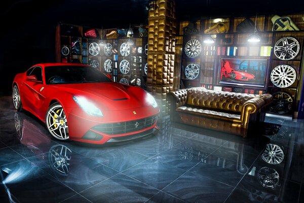 Roter Ferrari f12 in einer stilvollen Garage