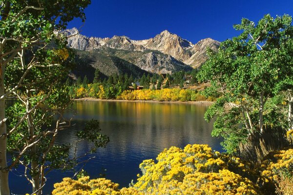 Paesaggio con lago di montagna sullo sfondo del cielo blu