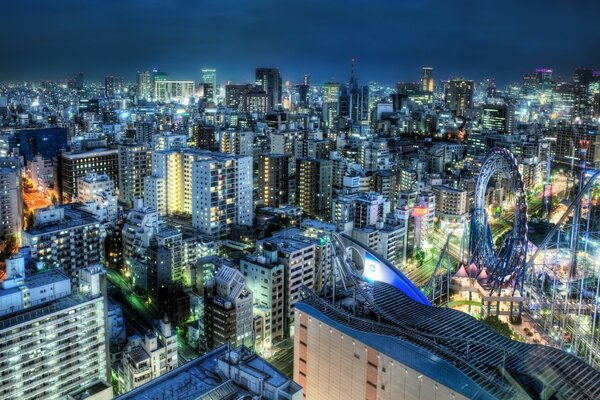 A beautiful night metropolis with skyscrapers and attractions