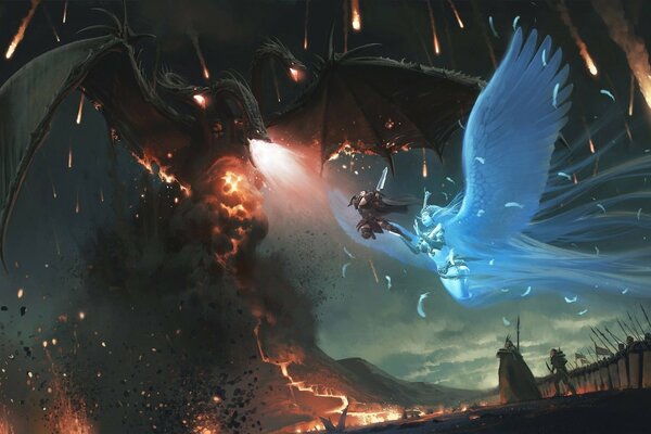 W ciemności smok z niebieskimi skrzydłami z anime leci do bitwy