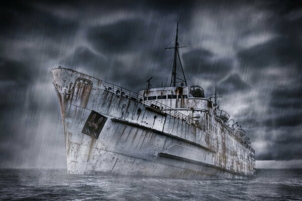 Barco fantasma en el mar por la noche