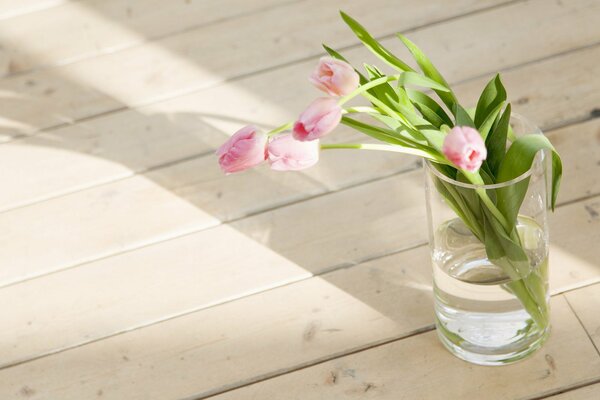 Tulipes dans un verre d eau sur un plancher en bois dans les rayons du soleil du matin de printemps