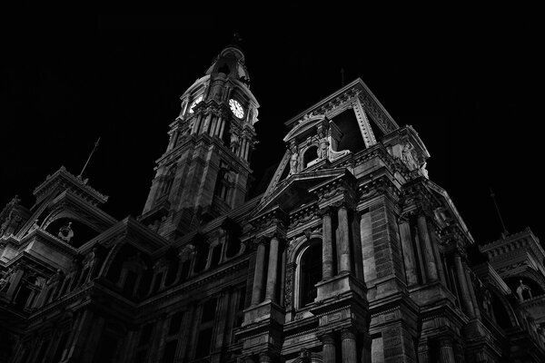 Chapel with a turret black and white photo