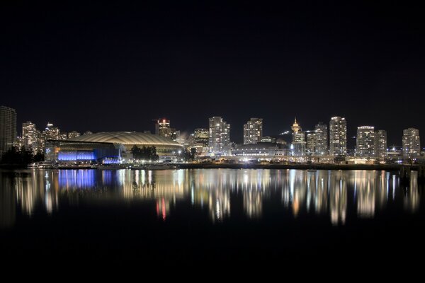 View of the city in the reflection of water