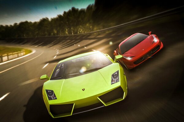 Grüner Lamborghini Gallardo und roter Ferrari italia