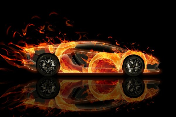 Disegno. Auto lamborghini 2013 in fiamme su sfondo nero