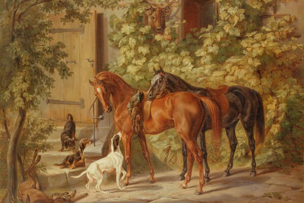 Pintura después de la caza. caballos, perros y presas