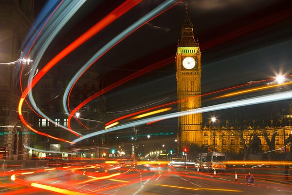 The lights of London at night and Big Ben