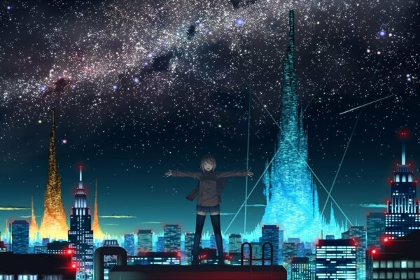 Anime sur le toit de la ville de nuit