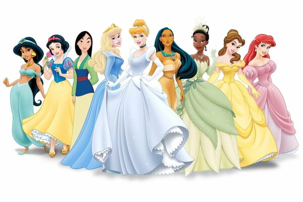 Beautiful princesses in dresses in disney fairy tales