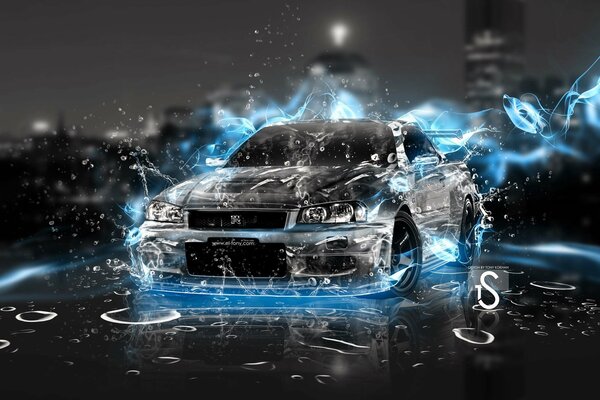 Black and white drawing of nissan skyline r34 in flames