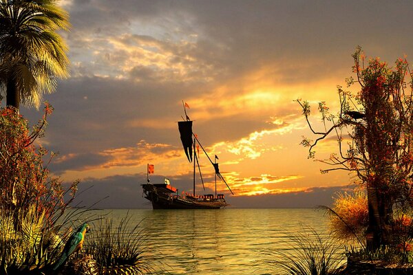 Paesaggio marino con yacht al tramonto