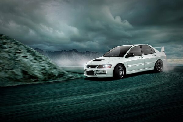 Drifting white Mitsubishi in gloomy weather