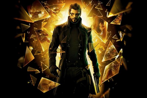 Deus Ex с пистолетом в осколках