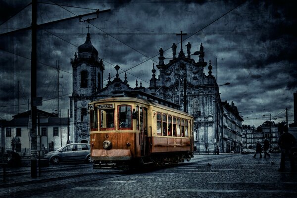 Night tram the city falls asleep