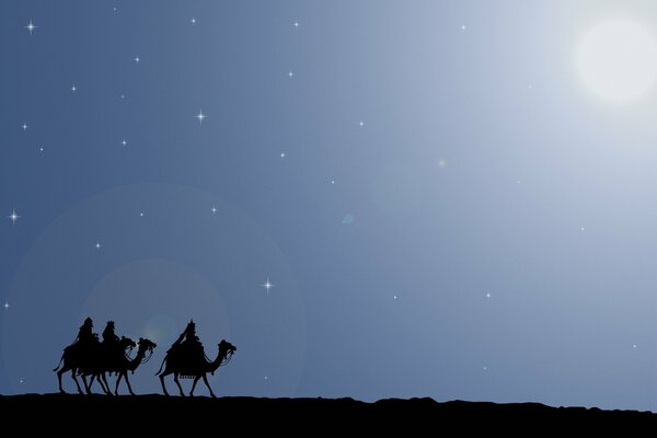 Silhouettes of travelers on camels in the desert at night