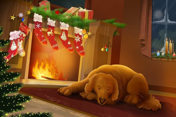 Собака возле горящего камина украшенного к новому году