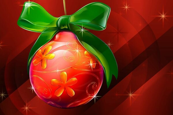 Red Christmas ball with green bow