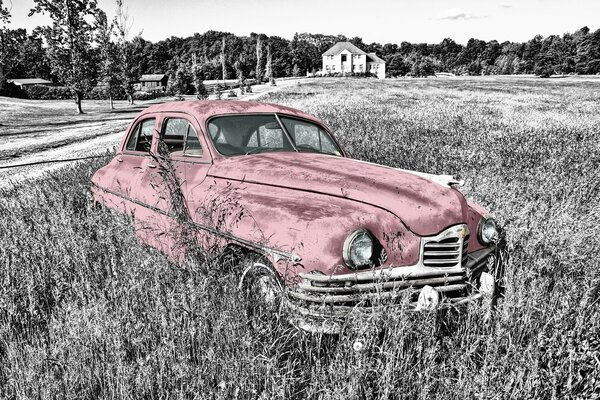 A forgotten red vintage car in the field