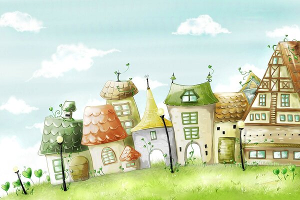 Cartoon houses with colorful roofs