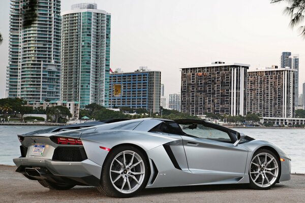 Lamborghini Supercar, Lamborghini am Flussufer, Lamborghini Aventador vor dem Hintergrund der Stadtlandschaft, Lamborghini Roadster